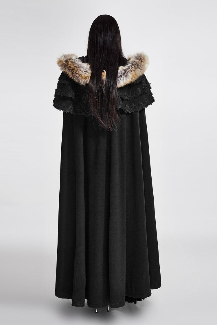 Black Hooded Fur Collar Wool Long Womens Gothic Coat Cloak - Product - 6