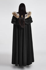 Black Hooded Fur Collar Wool Long Womens Gothic Coat Cloak - Product - 6
