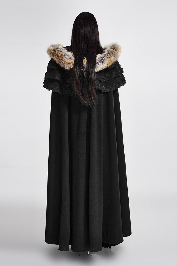 Black Hooded Fur Collar Wool Long Womens Gothic Coat Cloak - Product - 6