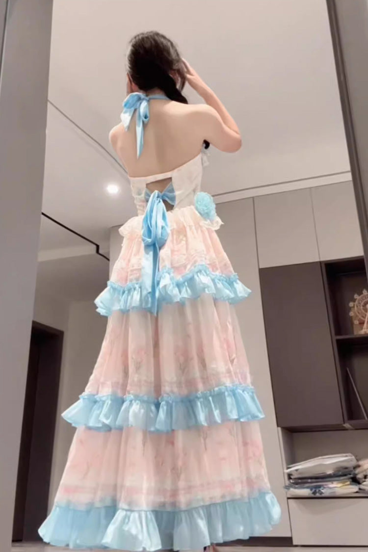 Blue/Pink [Meet the Sea] Triple-Layered Print Backless Ruffle Sweet Lolita Dress - Product - 3