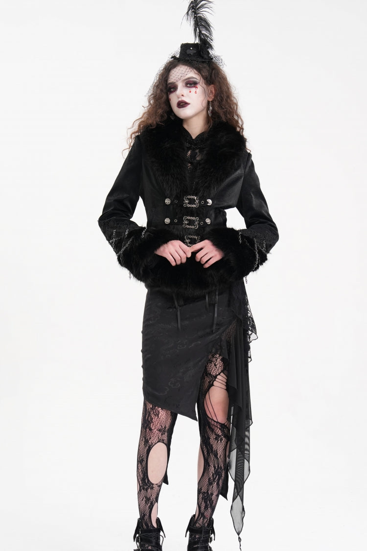 Black Faux Fur Bucket-up Chain Women's Gothic Jacket - Product - 8