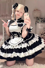 Black/White Multi-Layered Ruffle Sweet Chinese Style Maid Cheongsam Lolita Dress - Product - 2