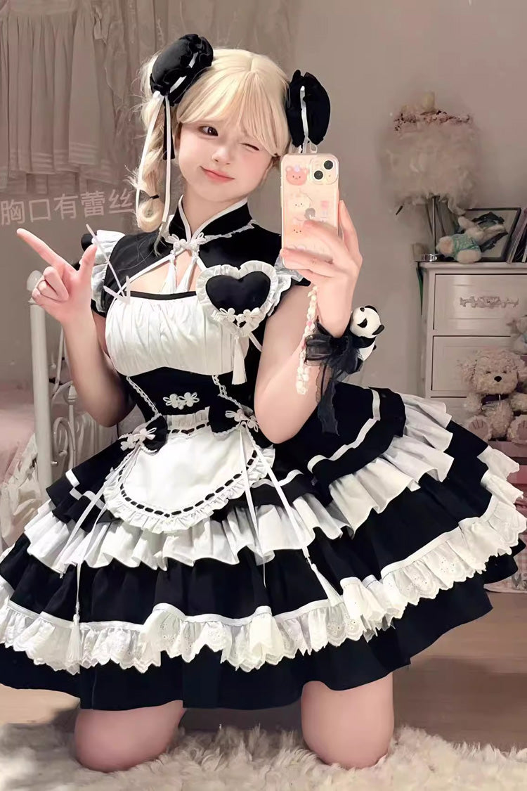 Black/White Multi-Layered Ruffle Sweet Chinese Style Maid Cheongsam Lolita Dress - Product - 2