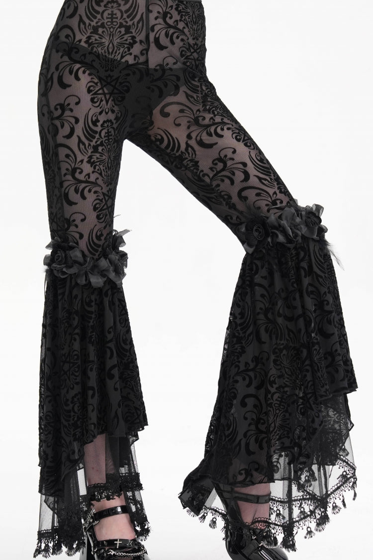 Black Embroidery Lace Sheer Mesh Tassels Women's Gothic Pants - Product - 4