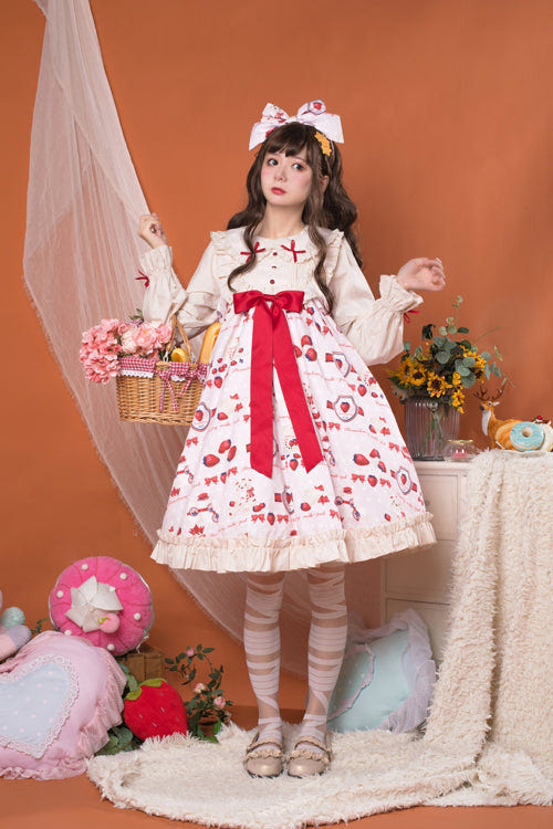 Round Collar High Waist Strawberry Milk Jar Printed Sweet Lolita OP Dress - Pink - 5