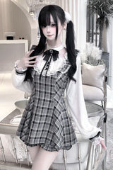 [First Love Contract] Print Bowknot Lace Gothic Jirai Kei Dress Set 4 Versions - Grey-Long-Sleeves - 1