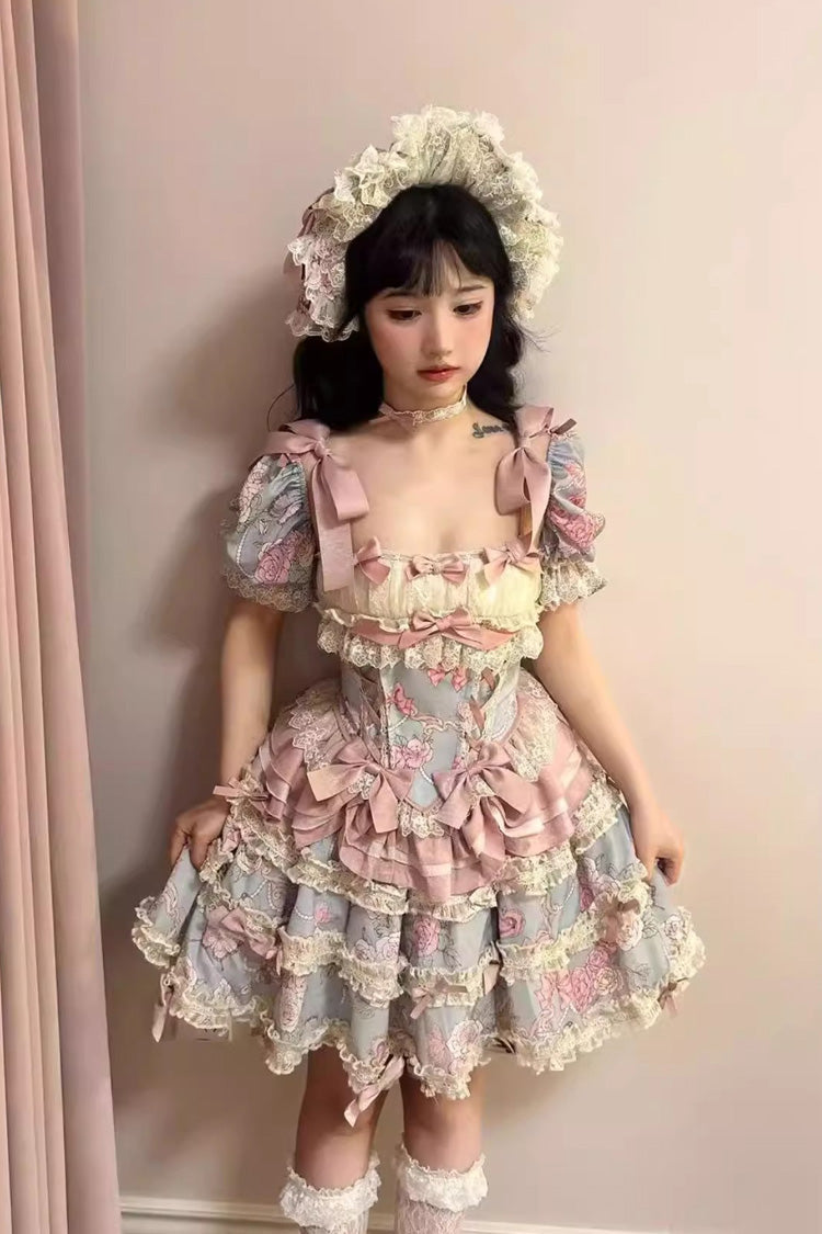 Blue/Pink [Gem Rose] Multi-Layered Ruffle Bowknot Lace Sweet Princess Lolita Skirt 2 Versions - Product - 7