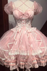 Glaze Fantasy Short Sleeves Ruffle Embroidery Bowknot Sweet Lolita Op Dress 6 Colors - Pink