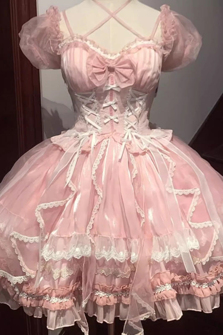 Glaze Fantasy Short Sleeves Ruffle Embroidery Bowknot Sweet Lolita Op Dress 6 Colors - Pink