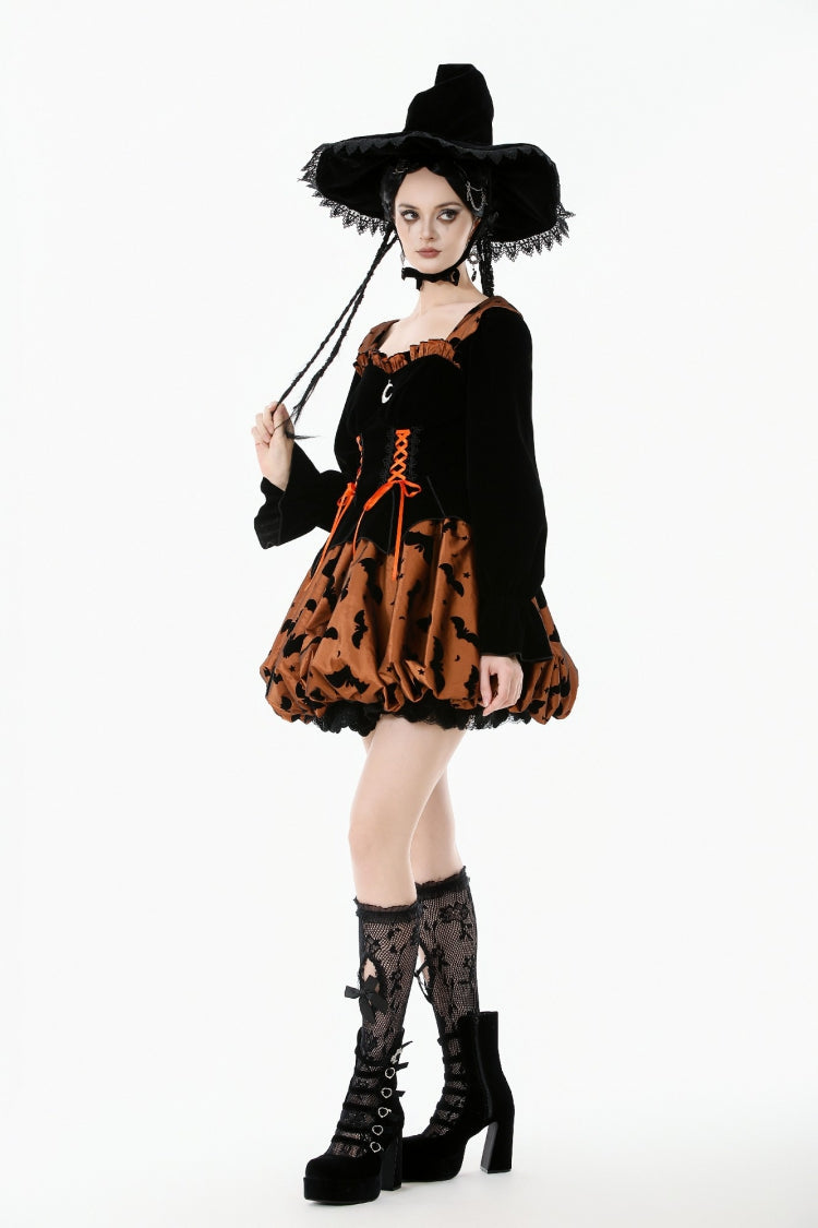 Black/Orange Square Collar Long Sleeves Bat Printed Lace-Up Women's Gothic Pumpkin Halloween Dress - Product - 10