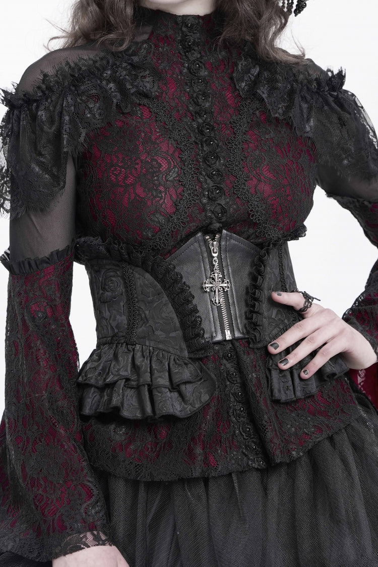 Black Printed Spliced Lace Lace-Up Slim Zippered Women's Gothic Palace Corset - Black - 1