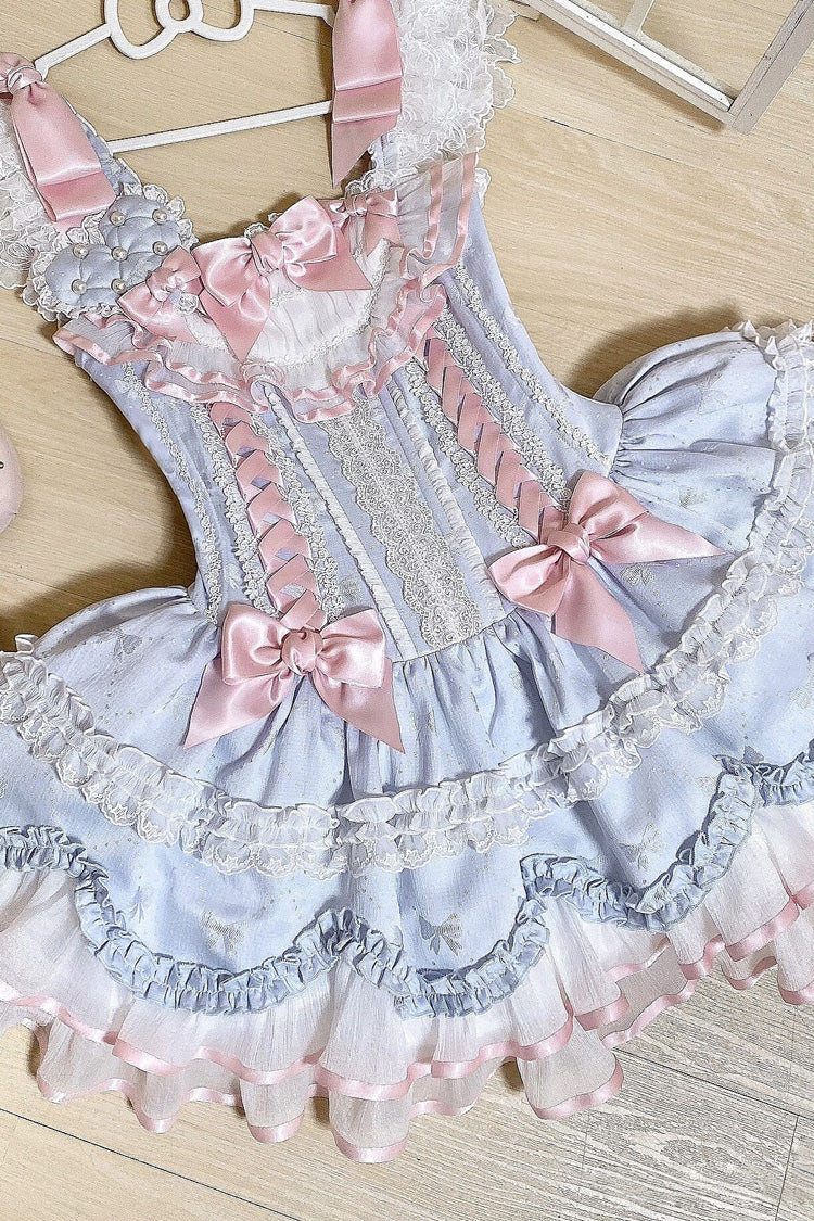 Blue Triple-Layered Ruffled Bow Lace-Up Slim Ballet Sweet Lolita Dress - Product - 15