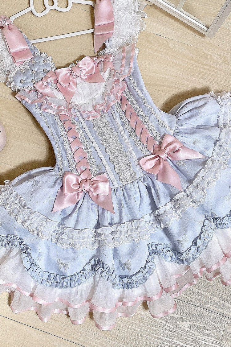 Blue Triple-Layered Ruffled Bow Lace-Up Slim Ballet Sweet Lolita Dress - Product - 15