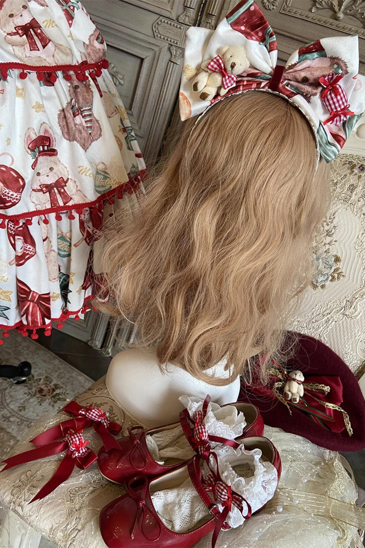 Red/White [Christmas Bear] Print Triple-Layered Ruffle Bowknot Sweet Princess Lolita Jsk Dress - Product - 5