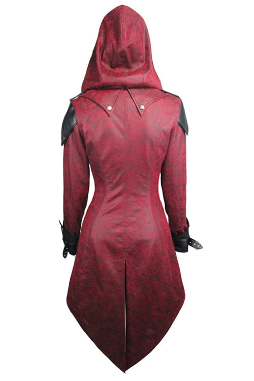Punk Black And Red Applique Womens Hooded Leather Long Coats - Product - 7