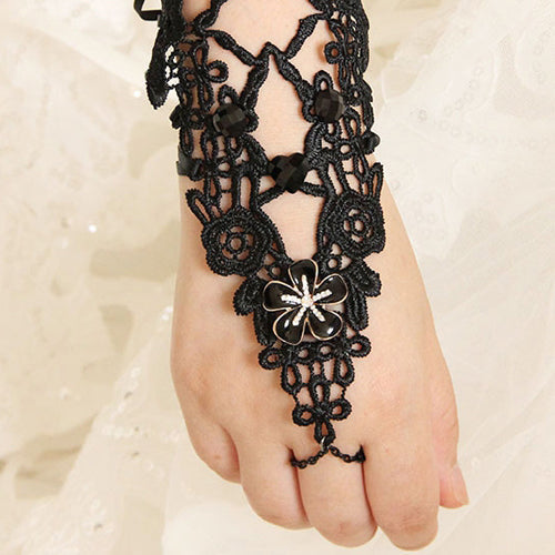 Black Retro Fashion Long Lace Flower Female Gothic Lolita Ring Bracelet - Black - 1