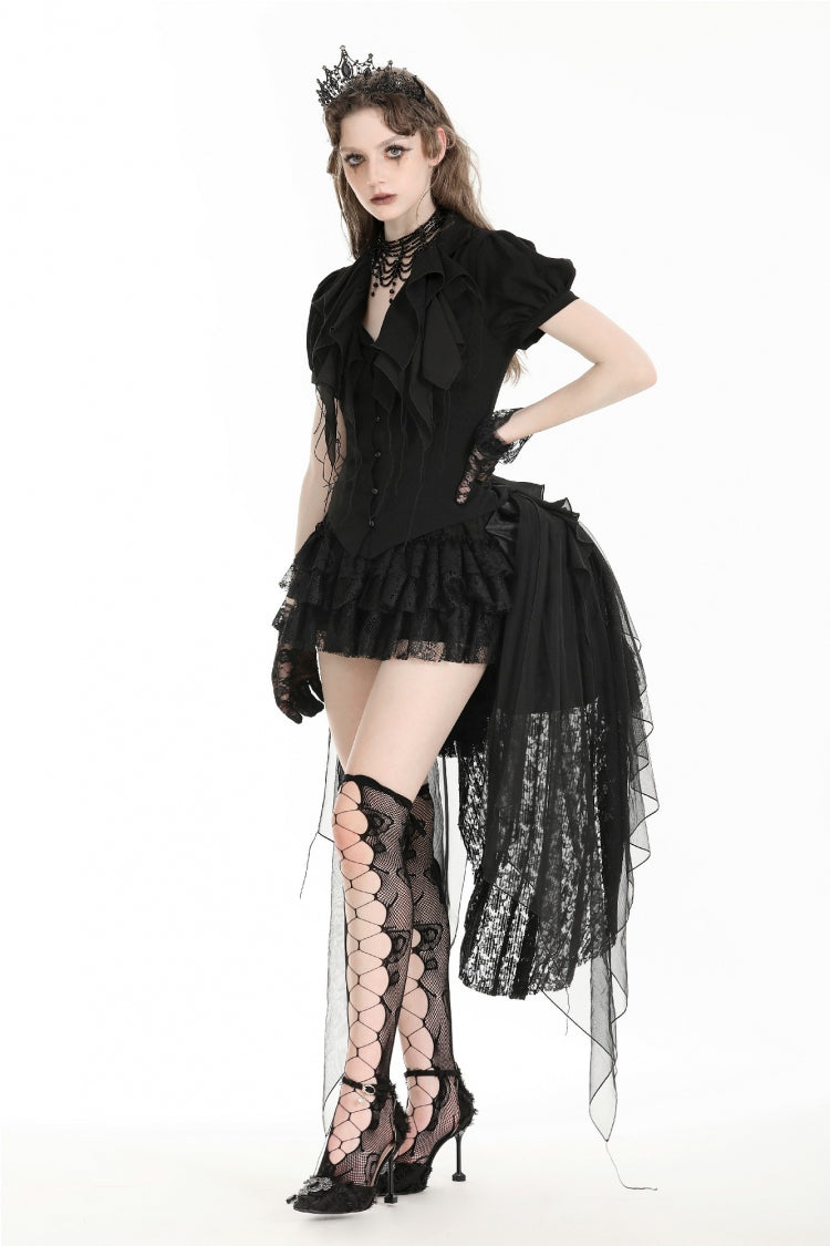 Black Multi-Layered Lace Women's Gothic Puffy Skirt with Detachable Swallow Tail - Product - 6