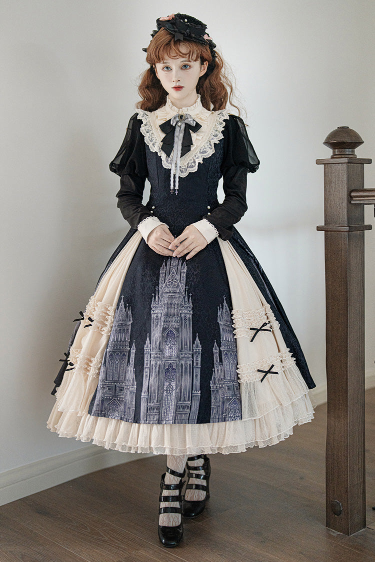 Black/White Church Bells Print Ruffle Cardigan Bowknot Gothic Elegant Lolita Dress - Product - 10
