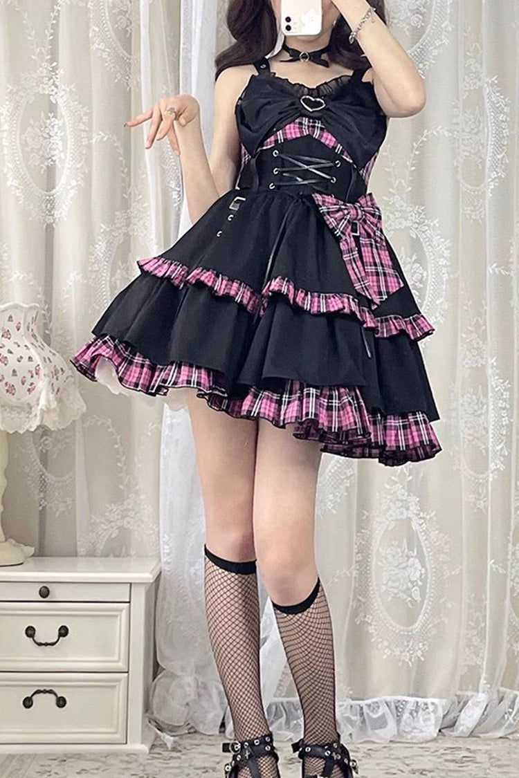 Black/Pink Plaid Print Color Contrast Leather Buckle Bowknot Ruffle Gothic Lolita JSK Dress - Product - 7