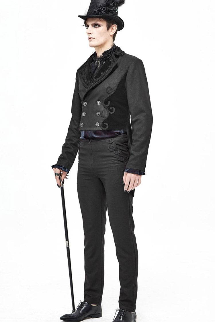 Black Retro Velveteen Front Floral Webbing Metal Button Weft Swallowtail Men's Gothic Coat - Product - 3