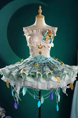 White/Green Game-Themed Rare Square Collar Sleeveless Multi-Layered Ruffled Color-Blocked Sweet Lolita Jsk Dress Set - White/Green - 1