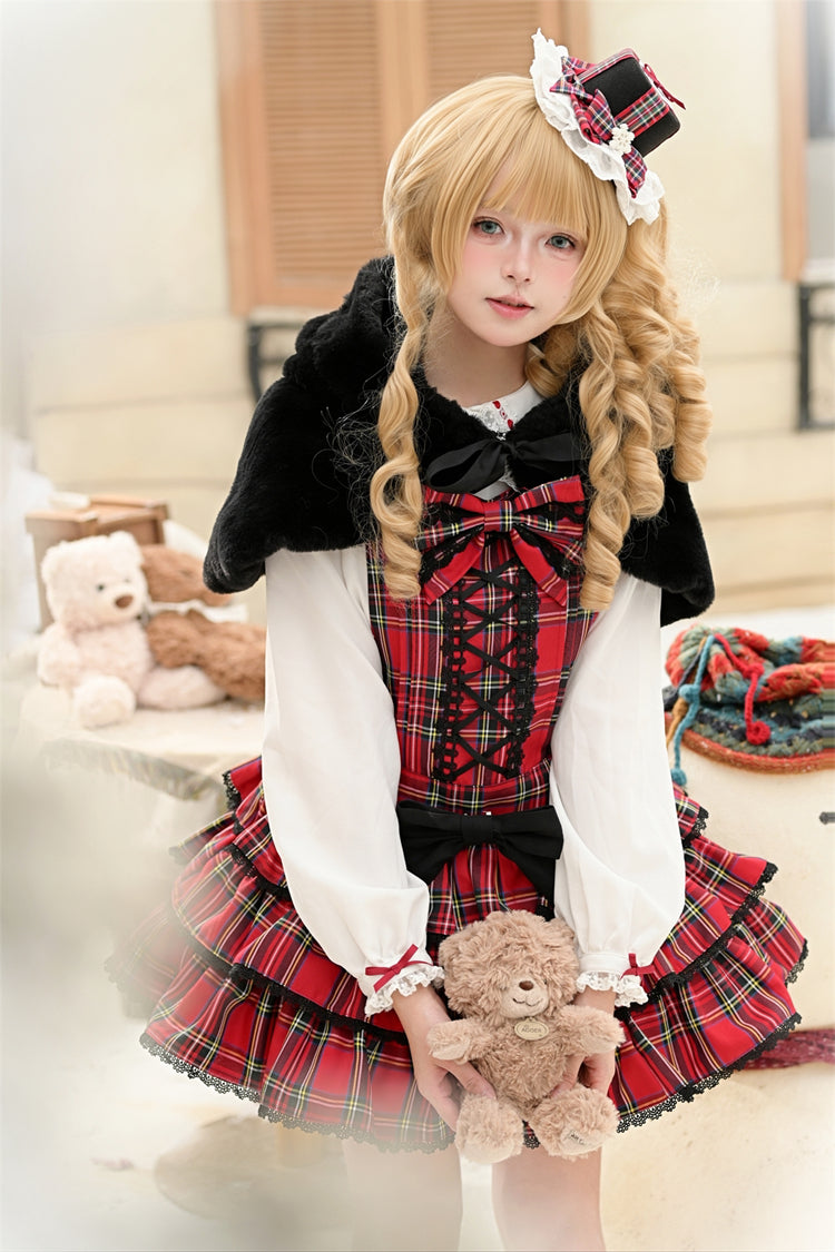 Red [Christmas Velvet Cake] Triple-Layered Printed Ruffled Bow Lace-Up Gothic Elegant Lolita Jsk Dress - Product - 12
