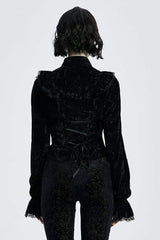 Black Gothic Velvet High Collar Front Chest Flounce Lace Cuff Back Waist Lace Up Print Women's Blouse - Product - 3