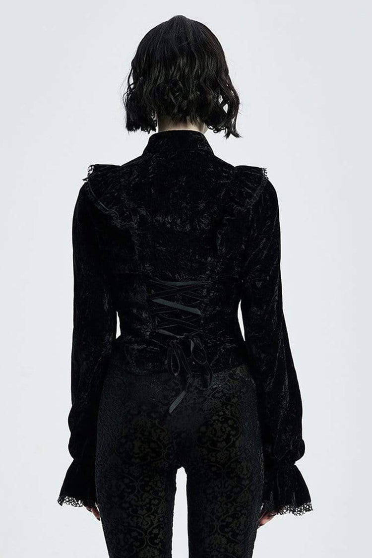 Black Gothic Velvet High Collar Front Chest Flounce Lace Cuff Back Waist Lace Up Print Women's Blouse - Product - 3