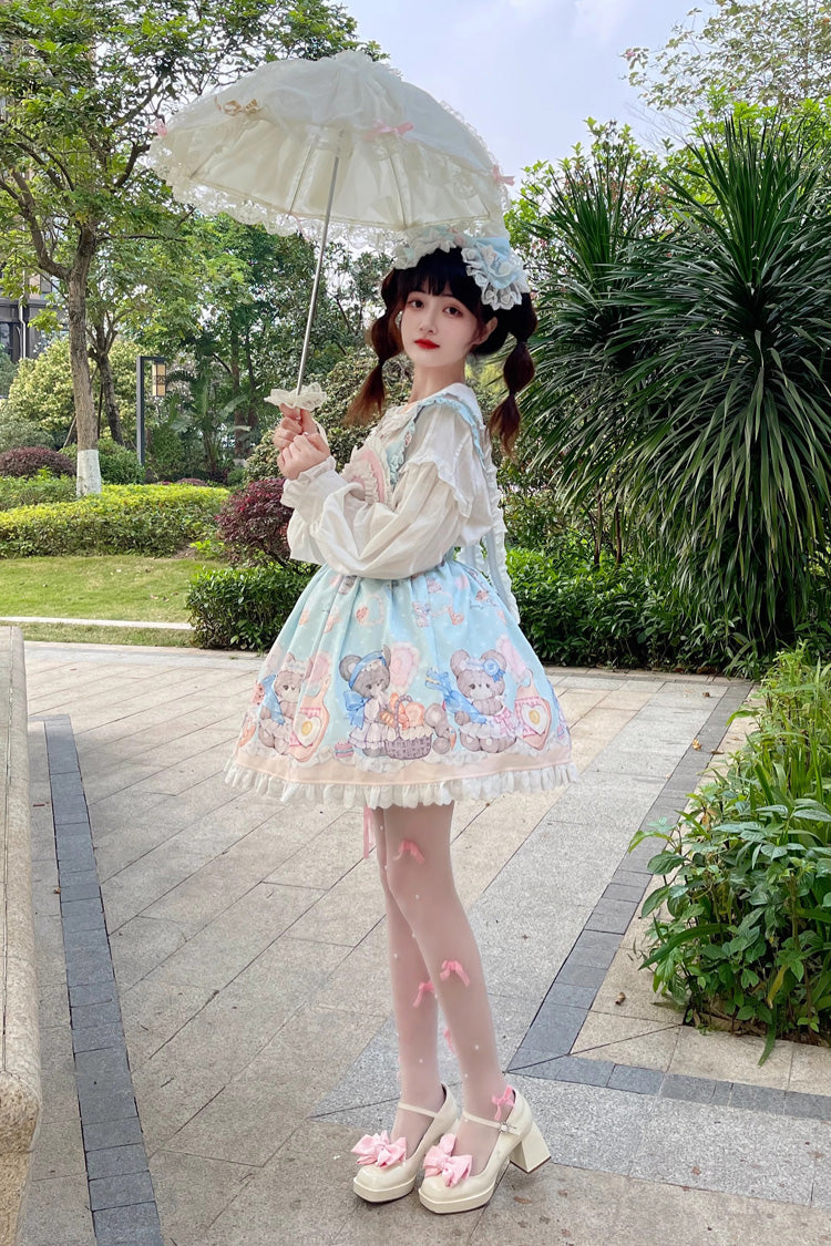 Blue Baked Bear Print Ruffle Sweet Lolita Skirt - Product - 6