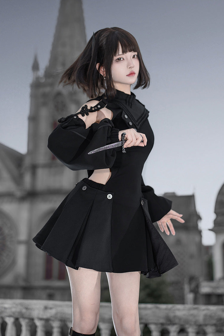 Black [Reserve Tactics] Ruffled Cut-Out Asymmetric Gothic Lolita Dress Set - Product - 2