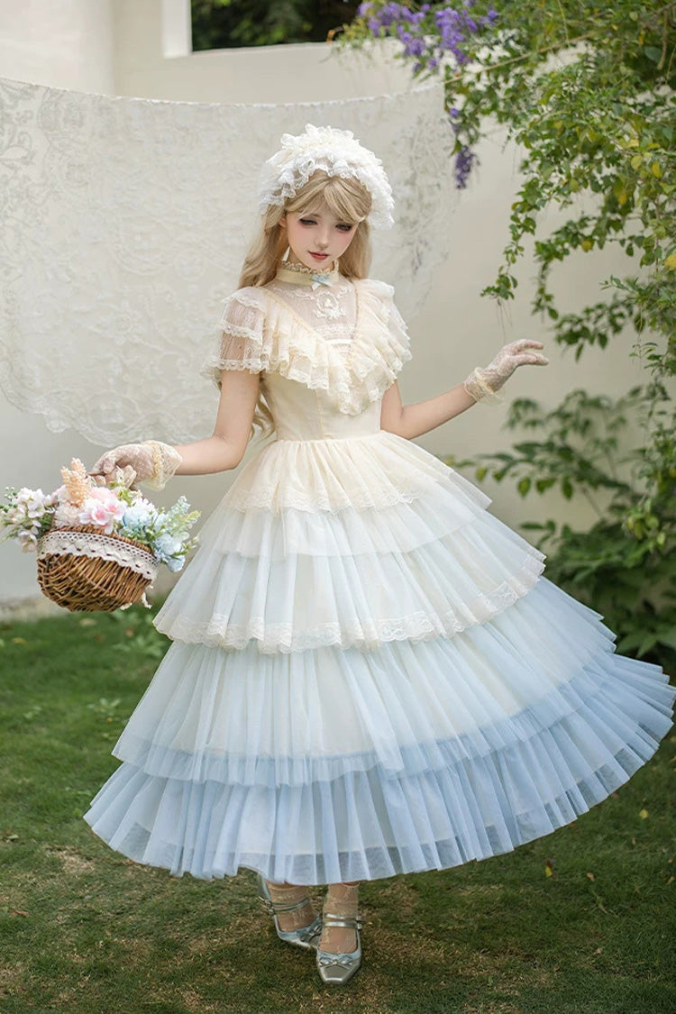 Blue [Sincere Vow] Edwardian Collar Short Sleeves Ombre Multi-Layered Ruffled Embroidered Sweet Lolita Dress - Product - 16