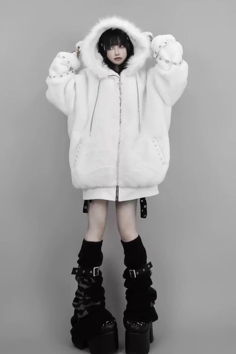 White Long Sleeves Lamb Ears Hooded Rivet Punk Japanese Jirai Kei Coat - White - 1