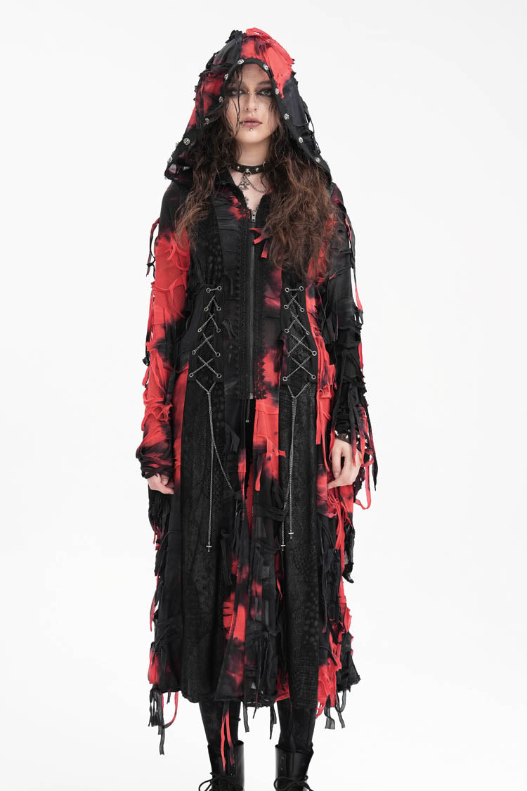 Black/Red Long Sleeves Lace Ripped Zipper Women's Punk Coat - Black/Red - 1