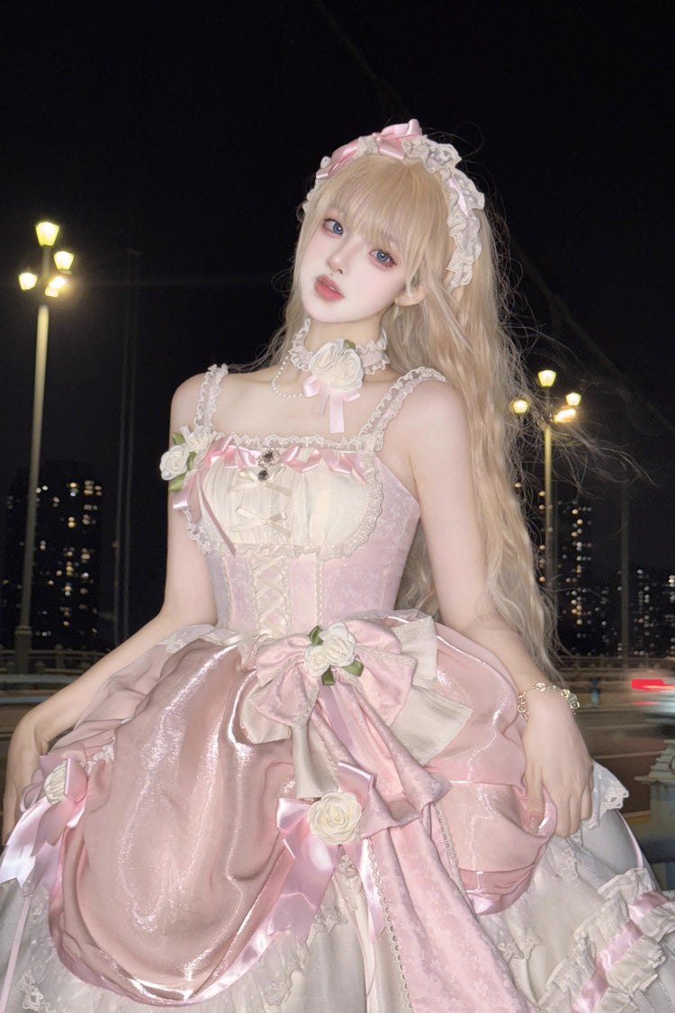 Apricot/Pink Multi-layer Ruffle Hanayome Bowknot Sweet Princess Gorgeous Long Lolita Jsk Dress - Product - 6