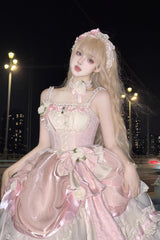Apricot/Pink Multi-layer Ruffle Hanayome Bowknot Sweet Princess Gorgeous Long Lolita Jsk Dress - Product - 6