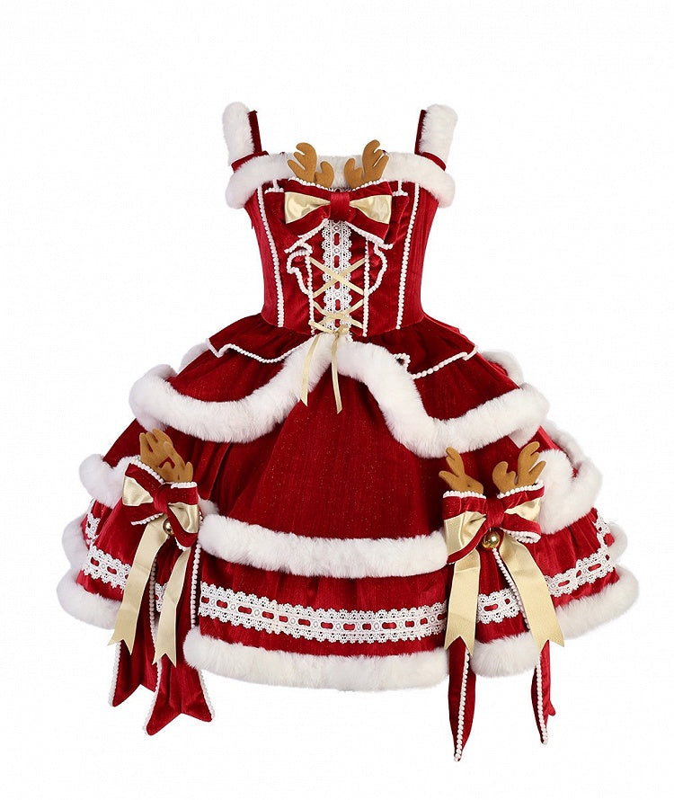 Red & White Christmas Lolita Full Set - JSK, Top & Cape detail view 10