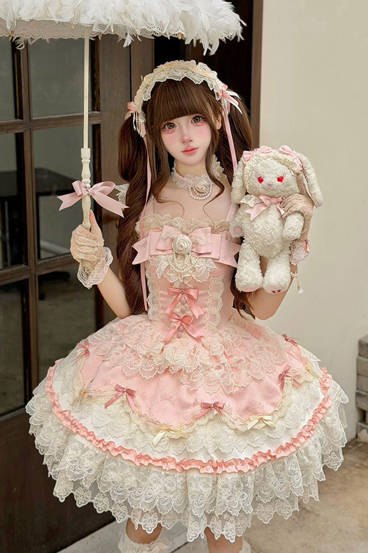 Pink [Rose Feather Romance] Square Collar Ruffled Bow Lace Ballet Sweet Lolita Jsk Dress - Product - 7