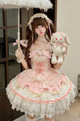 Pink [Rose Feather Romance] Square Collar Ruffled Bow Lace Ballet Sweet Lolita Jsk Dress - Product - 7