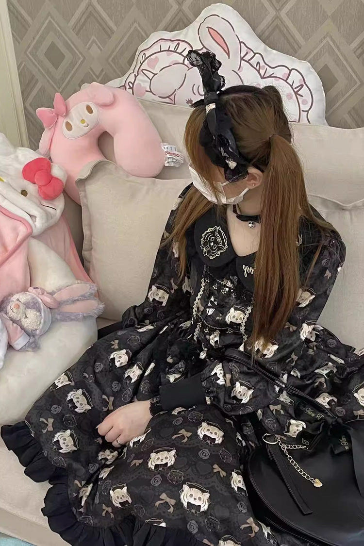 Black Long Sleeves Print Bowknot Sweet Plus Size College Style Lolita Dress - Product - 5