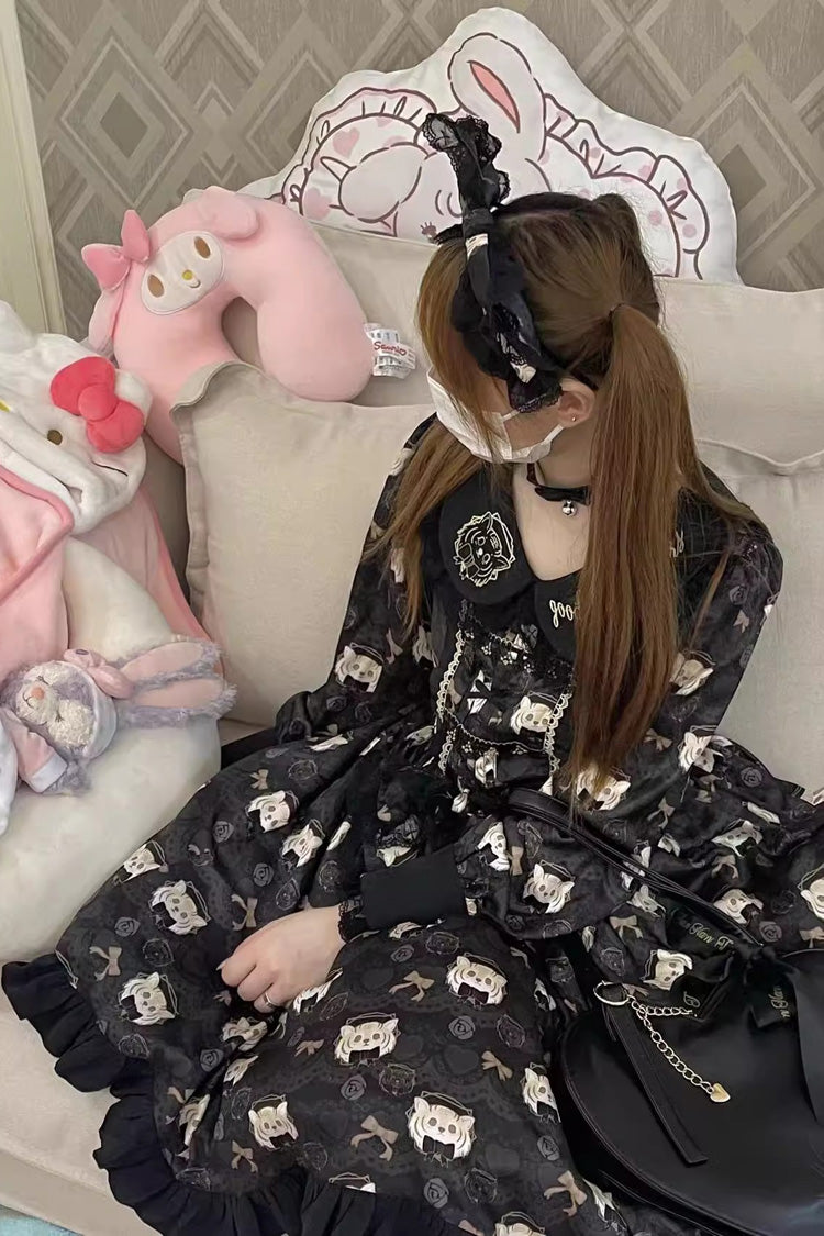 Black Long Sleeves Print Bowknot Sweet Plus Size College Style (Dress Only) detail view 5