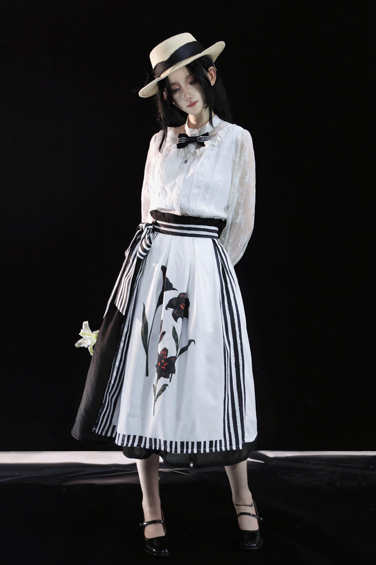 White/Black Lily Printed Ruffled Embroidered Bow Gothic Lolita Skirt - White/Black - 1