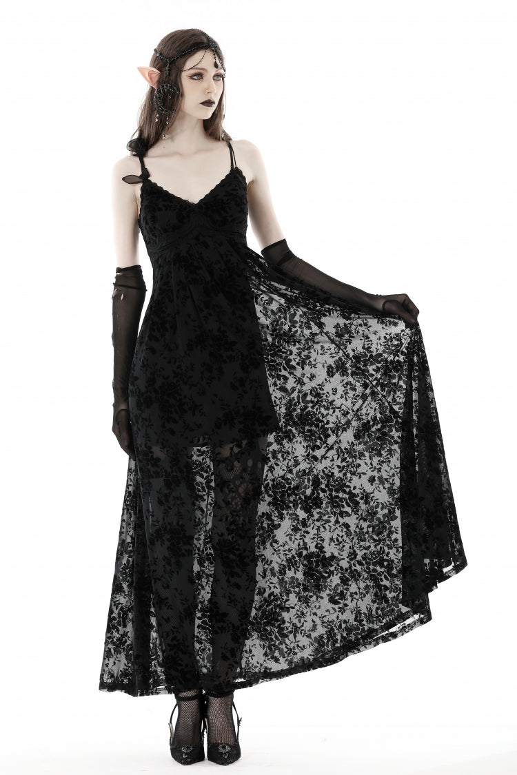 Black Sleeveless Lace Lace-Up Women's Gothic Maxi Rose Slip Dress - Product - 11