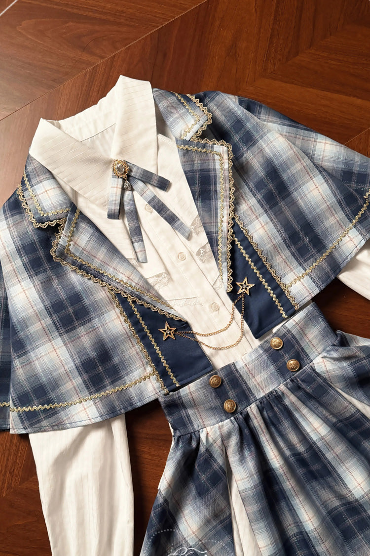 Blue [Little Starlight Idol] Lapel Collar Long Sleeves Double-Layered Printed Ruffled Bow Sweet Japanese Lolita Skirt Set - Cape - 24