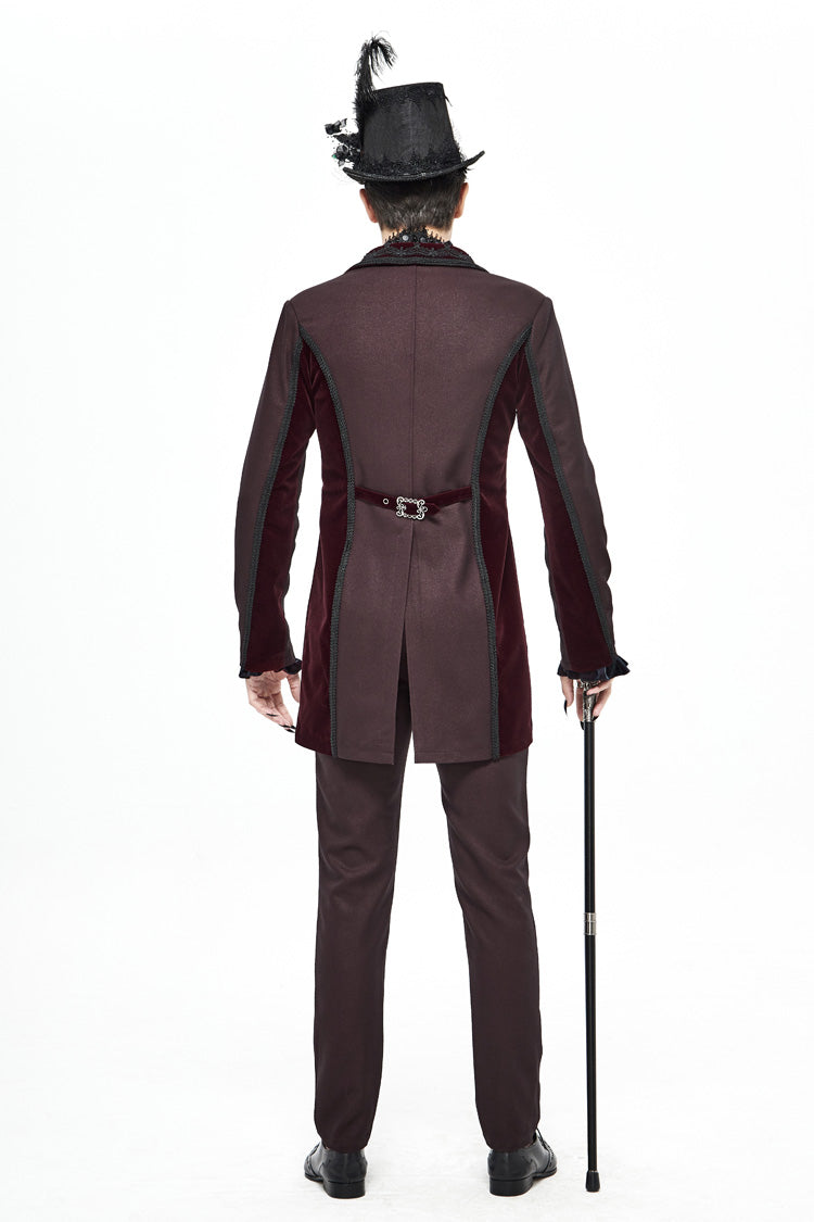 Red Front Floral Webbing Metal Retro Button Weft Velveteen Men's Gothic Tailcoat - Product - 5