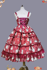 Miss Rabbit Dance Print Multi-layer Ruffle Sweet Elegant Lolita Jsk Dress 4 Colors - Product - 14