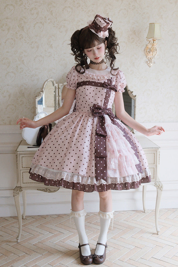 Pink [Canelé Gift Box] Round Collar Short Sleeves Double-Layered Printed Polka Dot Ruffled Open-Front Bow Asymmetric Sweet Lolita Dress - Product - 17