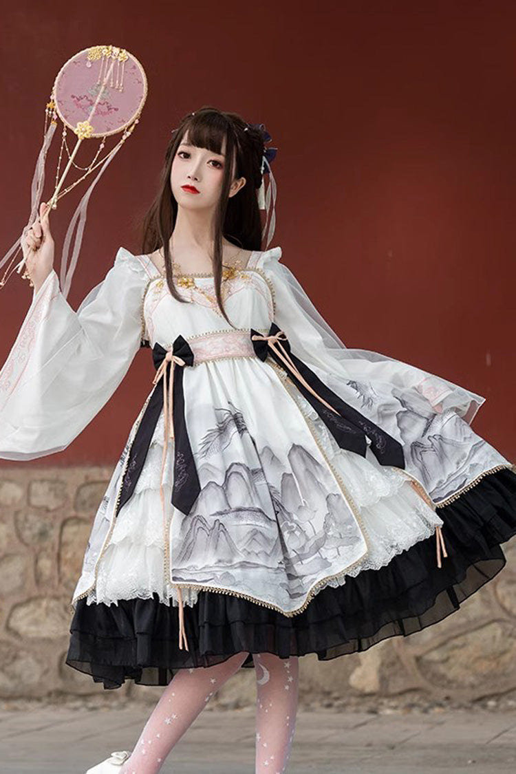 Chinese Style Long Sleeves Landscape Painting Print Bowknot Sweet Elegant Lolita Dress 2 Colors - Product - 6