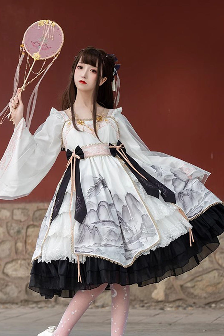 Chinese Style Long Sleeves Landscape Painting Print Bowknot Sweet Elegant Lolita Dress 2 Colors - Product - 6