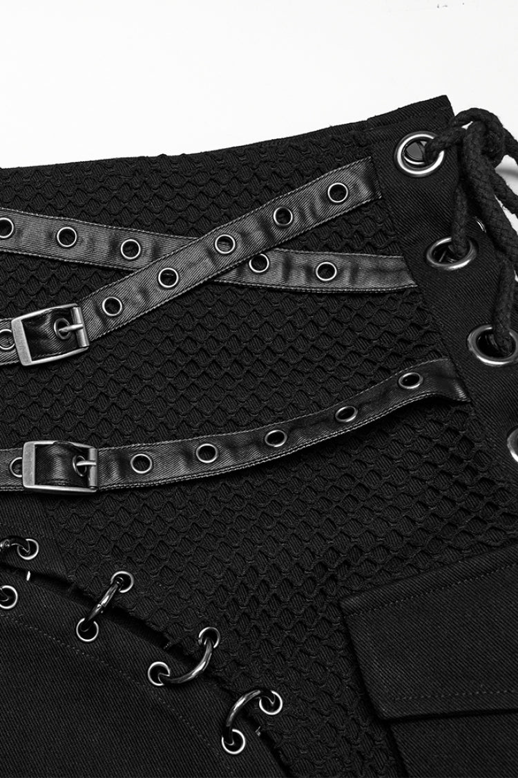 Black Faux Leather Stitching Lace-Up Irregular Mesh Men's Gothic Kilt - Product - 5