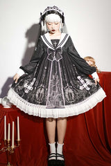 Black With Bow ON Chest Cross Print Gothic Lolita OP Dress - Product - 3